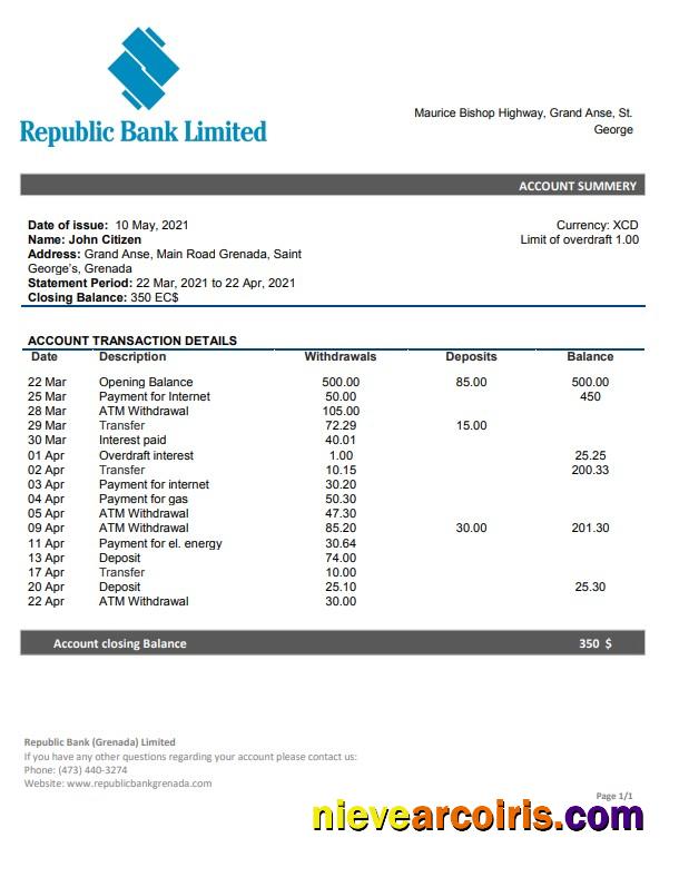 Grenada Republic bank statement, Word and PDF format